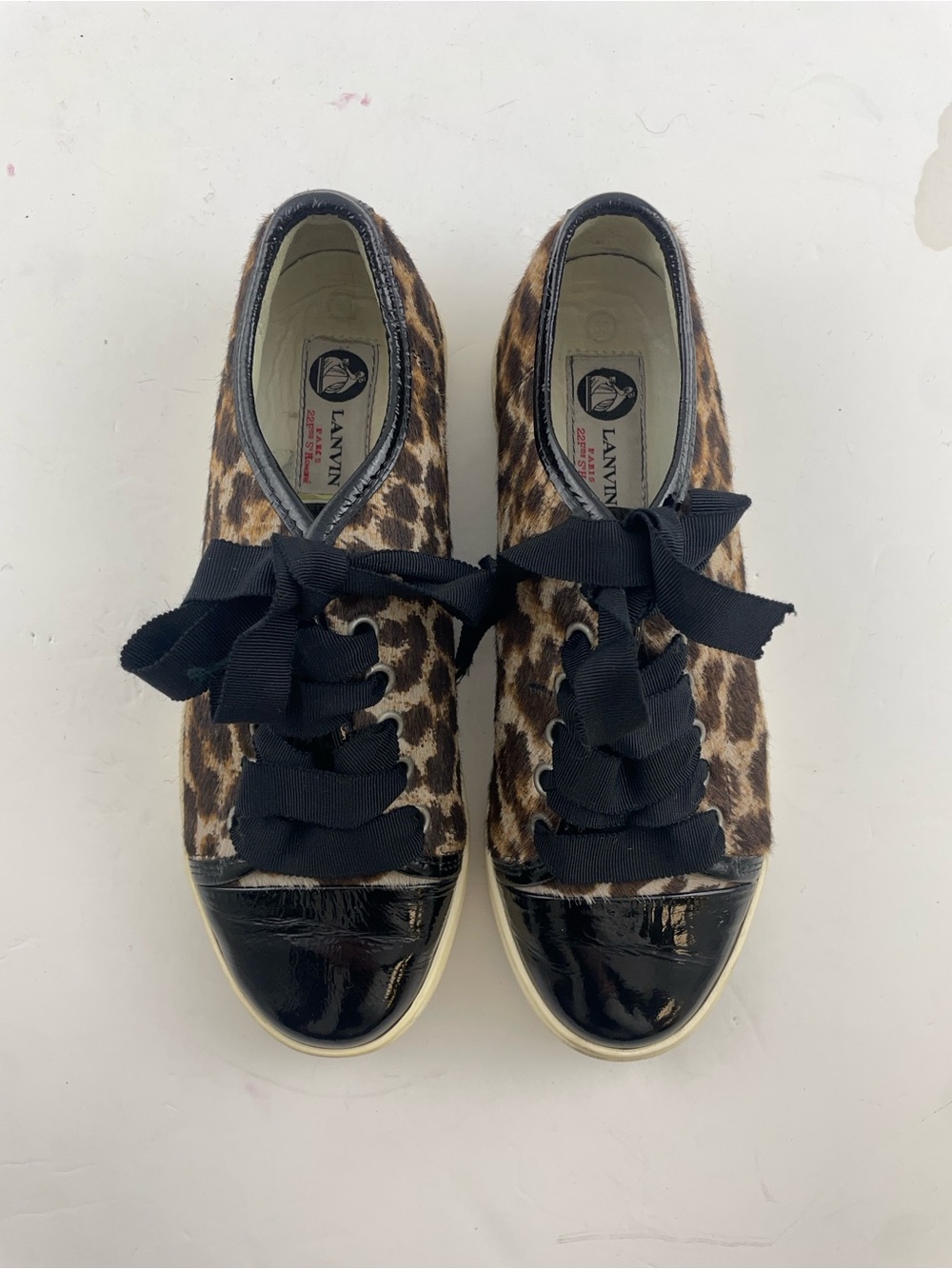 Lanvin Leopard-Print Ribbon Lace Sneakers in Brown and Black